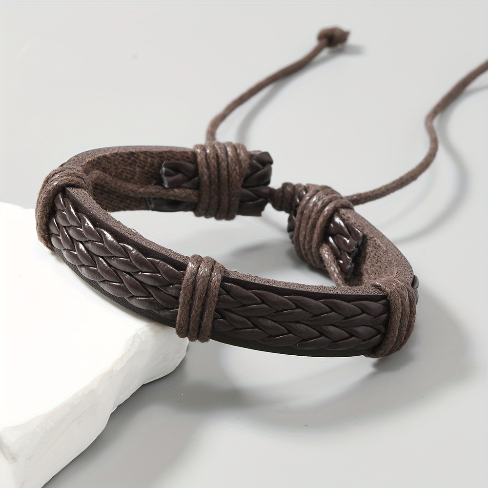 Adjustable Vintage Handwoven Leather Bracelet Dark Brown